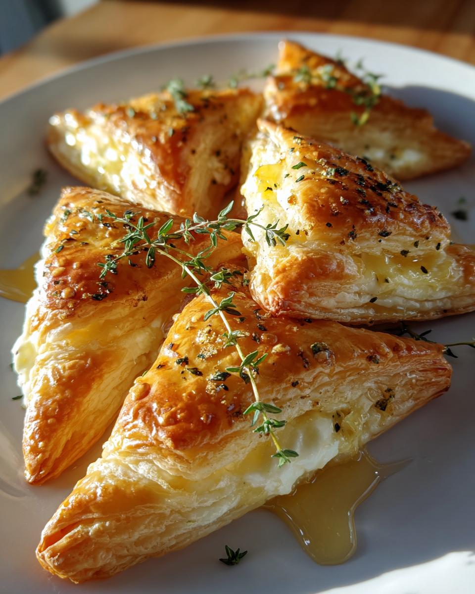 Four golden, flaky puff pastry triangles filled with melted goat cheese and drizzled with honey, garnished with thyme.