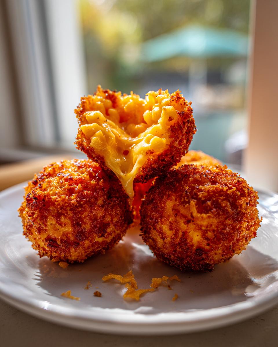 Close-up of three golden brown fried mac and cheese balls, one broken open showing melted cheese.