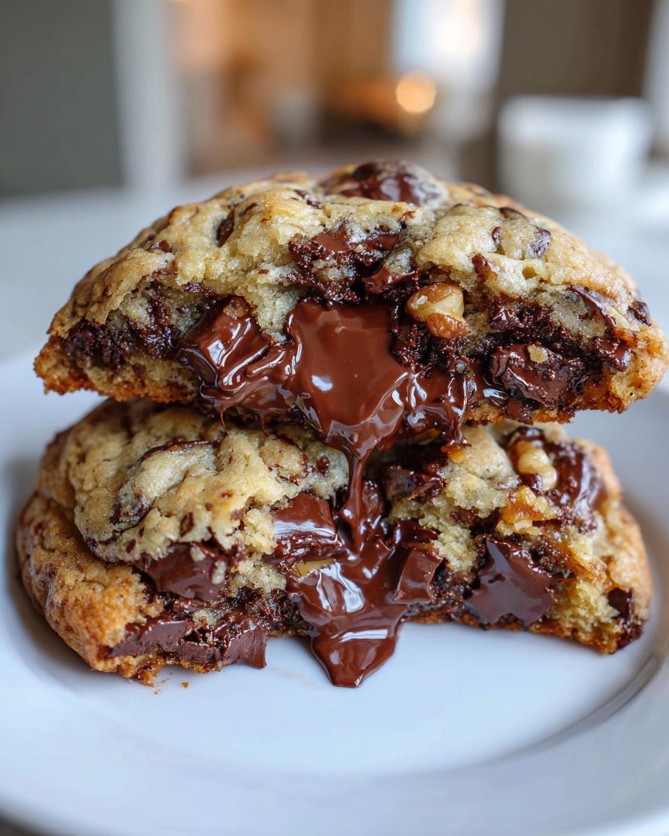 Two halves of a thick levain bakery chocolate chip cookies stacked, showing molten chocolate oozing out.