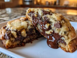 Close-up of a halved levain bakery chocolate chip cookies showing melted chocolate oozing out and walnuts.