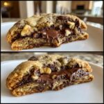 Cross-section view showing the gooey melted chocolate center of a levain bakery chocolate chip cookie with walnuts.