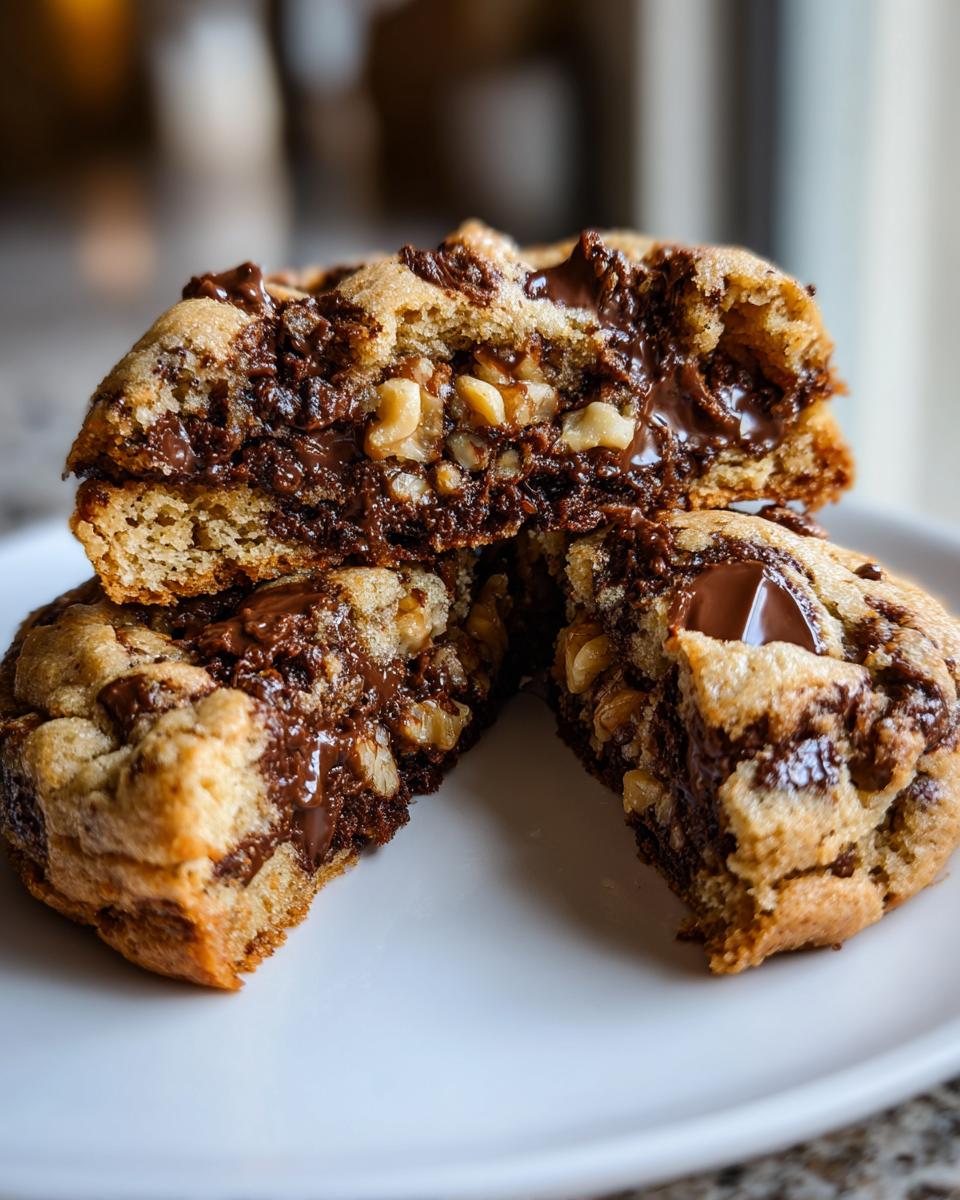 Close-up of levain bakery chocolate chip cookies cut in half showing gooey chocolate and walnuts inside.