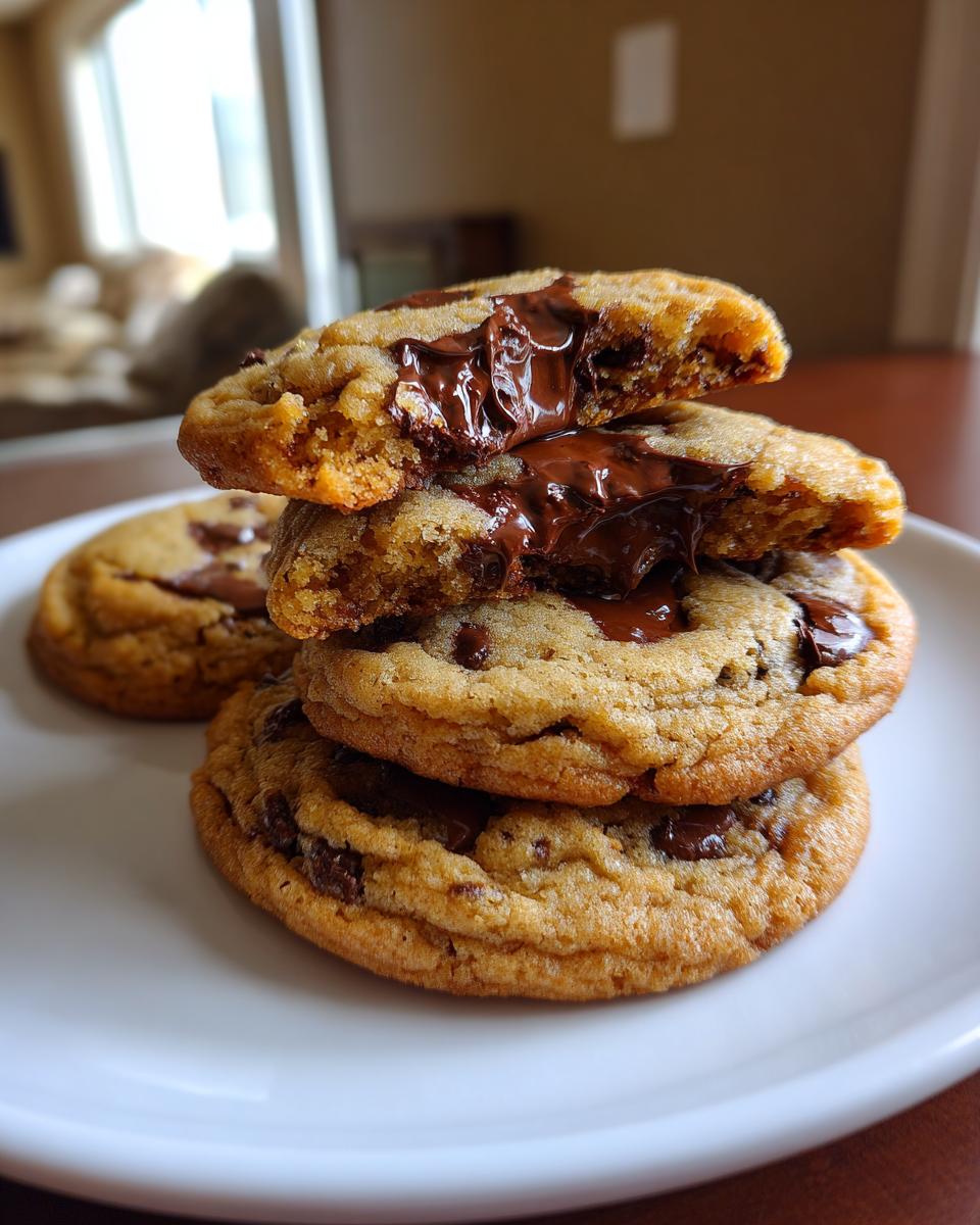 A stack of four gooey small batch chocolate chip cookies, with the top two broken open revealing melted chocolate.