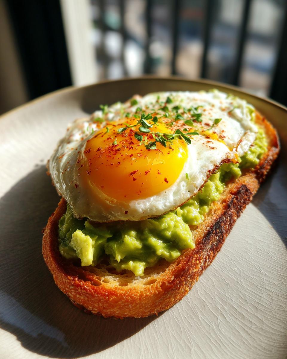 Close-up of gourmet avocado toast topped with a sunny-side-up egg, paprika, and thyme.