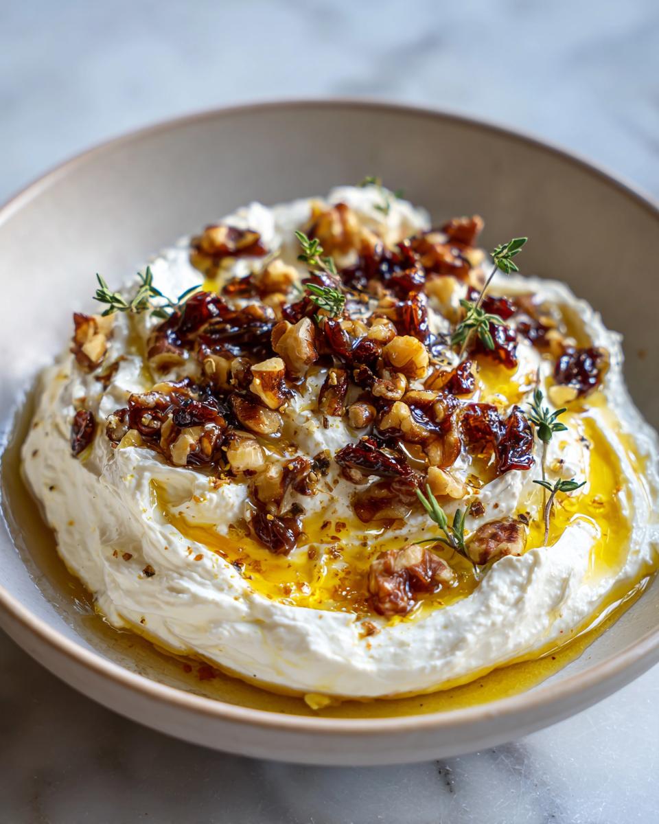 Close-up of a creamy ricotta dip topped with candied walnuts, dried fruit, olive oil, and fresh thyme sprigs.