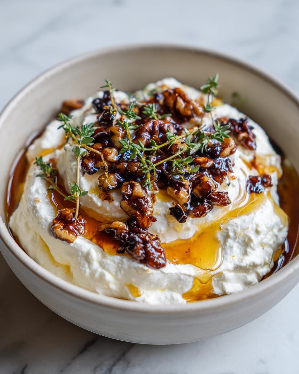 Close-up of a creamy ricotta dip topped with caramelized walnuts, honey drizzle, and fresh thyme sprigs.