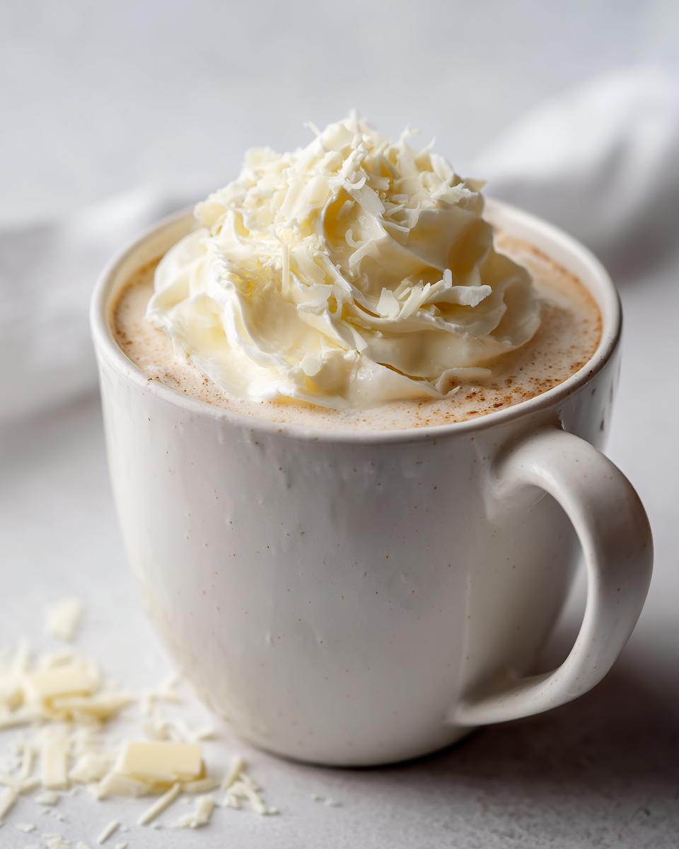 Close-up of a creamy white hot chocolate topped with whipped cream and white chocolate shavings.