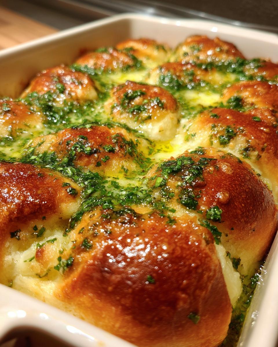 Close-up of baked hawaiian roll garlic bread rolls drenched in melted butter and fresh parsley.