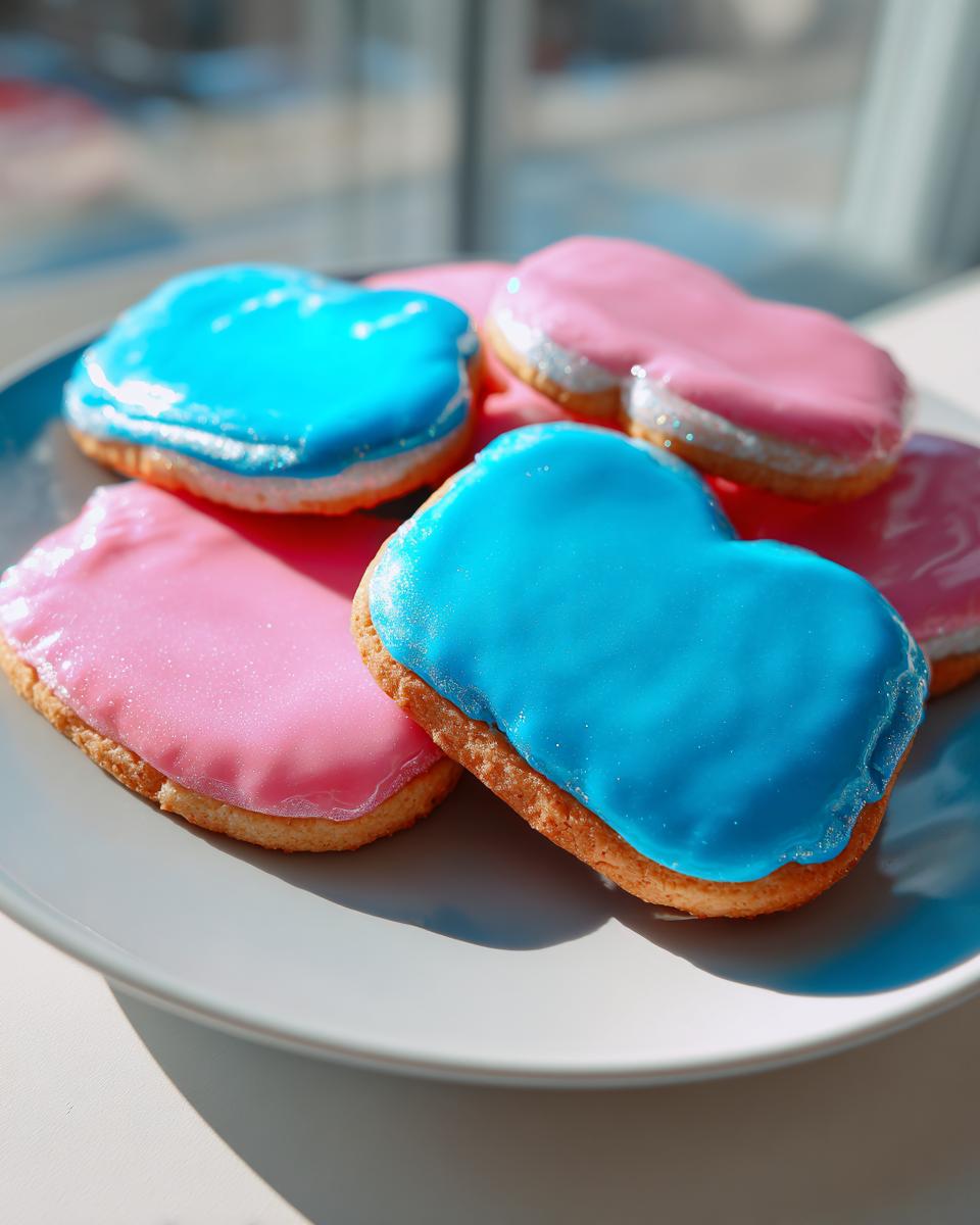 Heart-shaped sugar cookies topped with bright blue and pink sugar cookie icing that hardens, resting on a light gray plate.