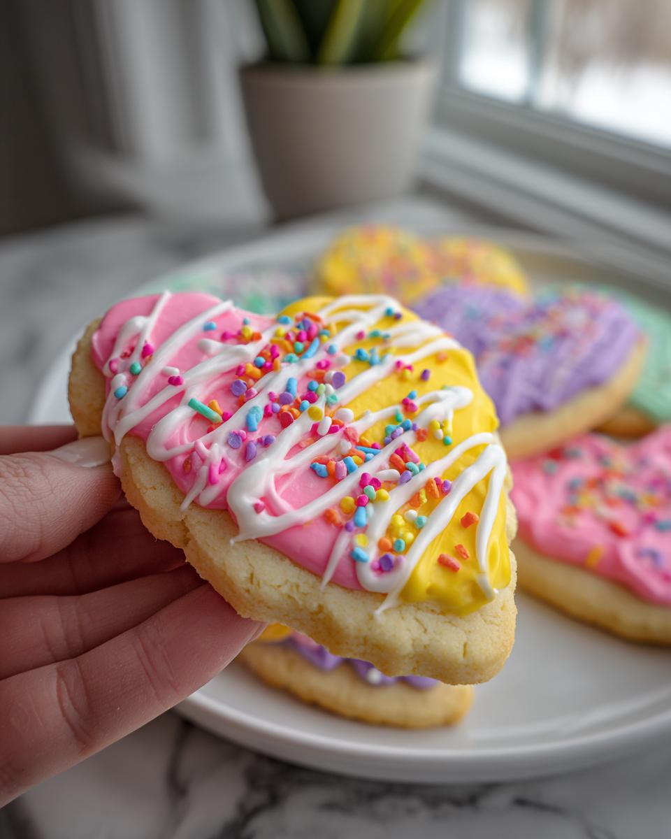 Hand holding a heart-shaped sugar cookie topped with pink and yellow sugar cookie icing recipe frosting and sprinkles.