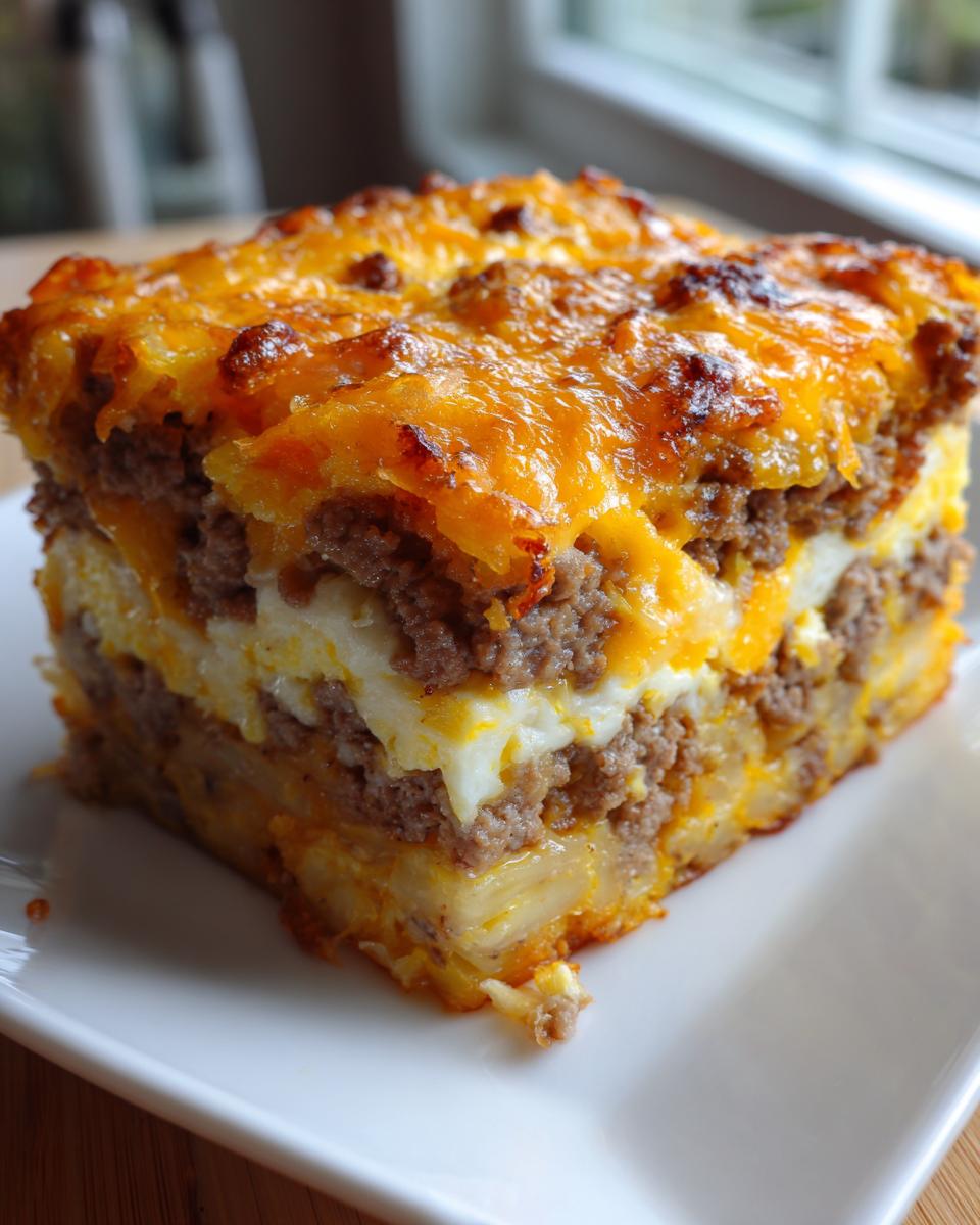 A thick, square slice of layered egg bake featuring potatoes, ground sausage, and melted cheddar cheese topping.
