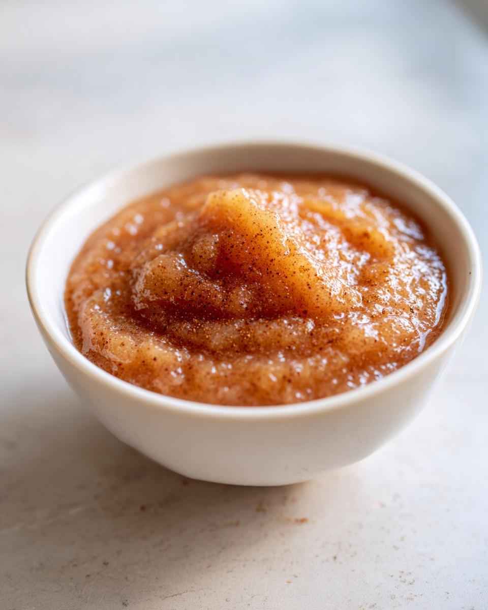 A close-up of chunky, homemade applesauce sprinkled with cinnamon served in a small white bowl.