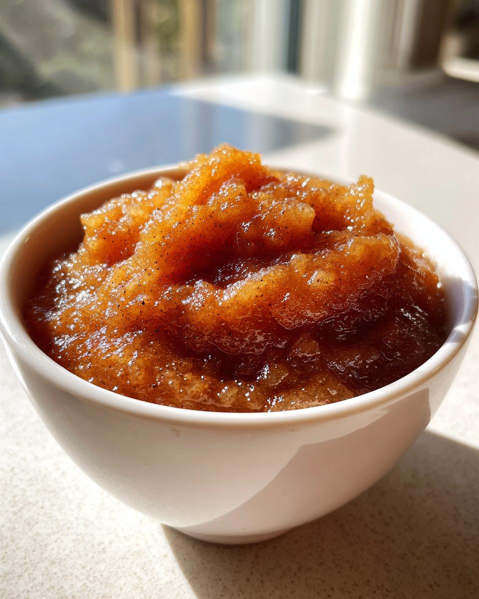 Close-up of rich, brown, spiced applesauce served in a small white bowl, highlighting the texture.