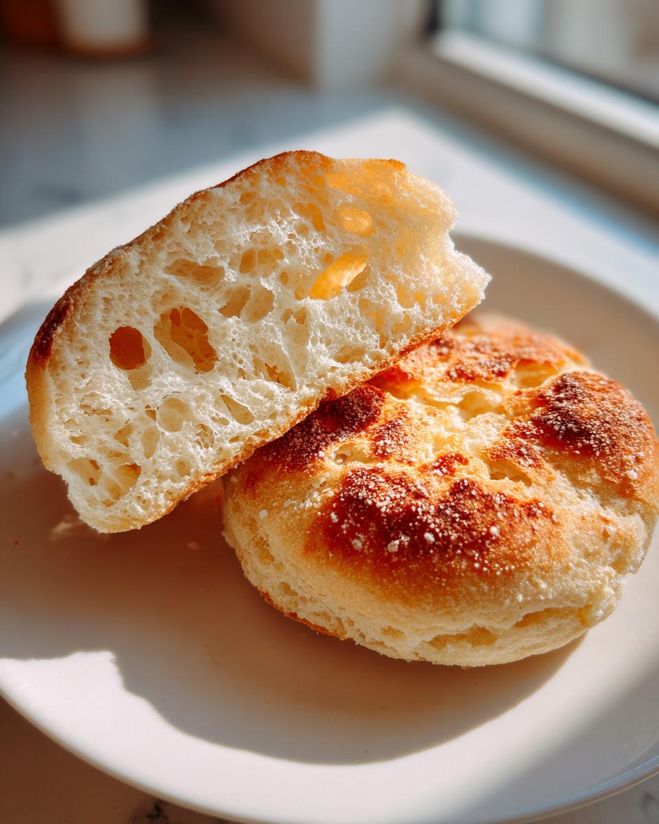 Close-up of a homemade English muffin split open, showing the airy, open crumb structure.