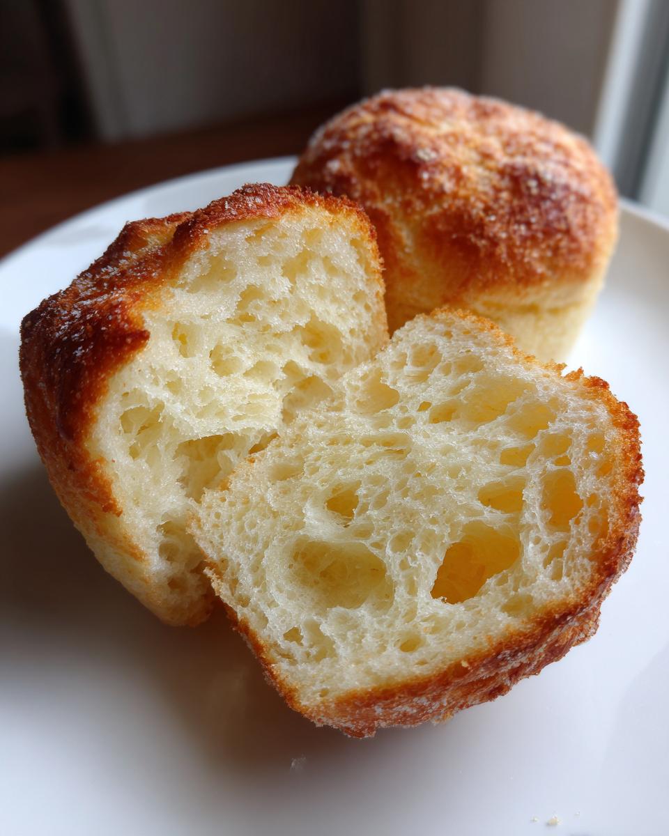 Close-up of a homemade english muffin cut in half, showing the airy, craggy interior texture.