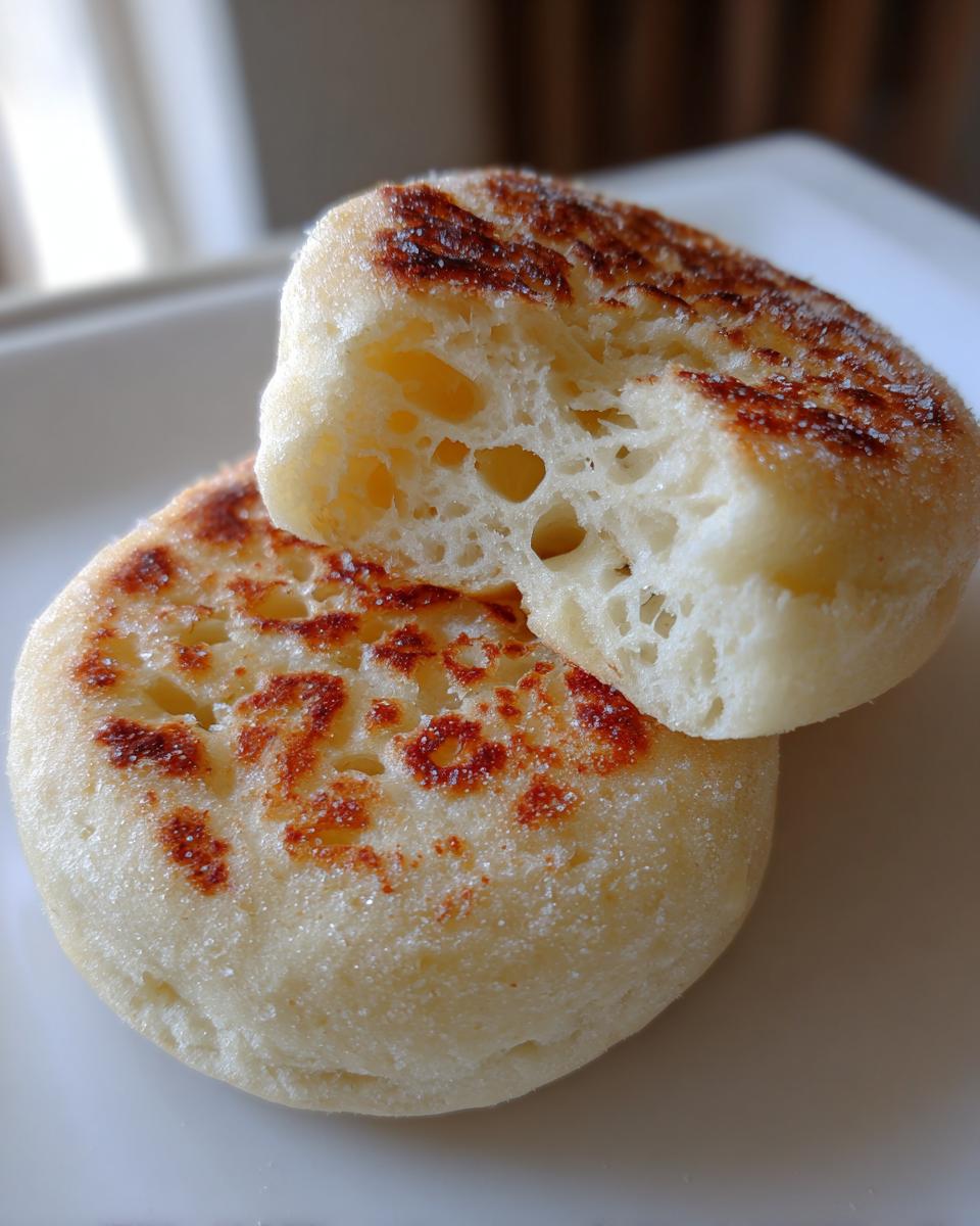 Close-up of two homemade English muffins, one split open revealing the signature porous interior texture.