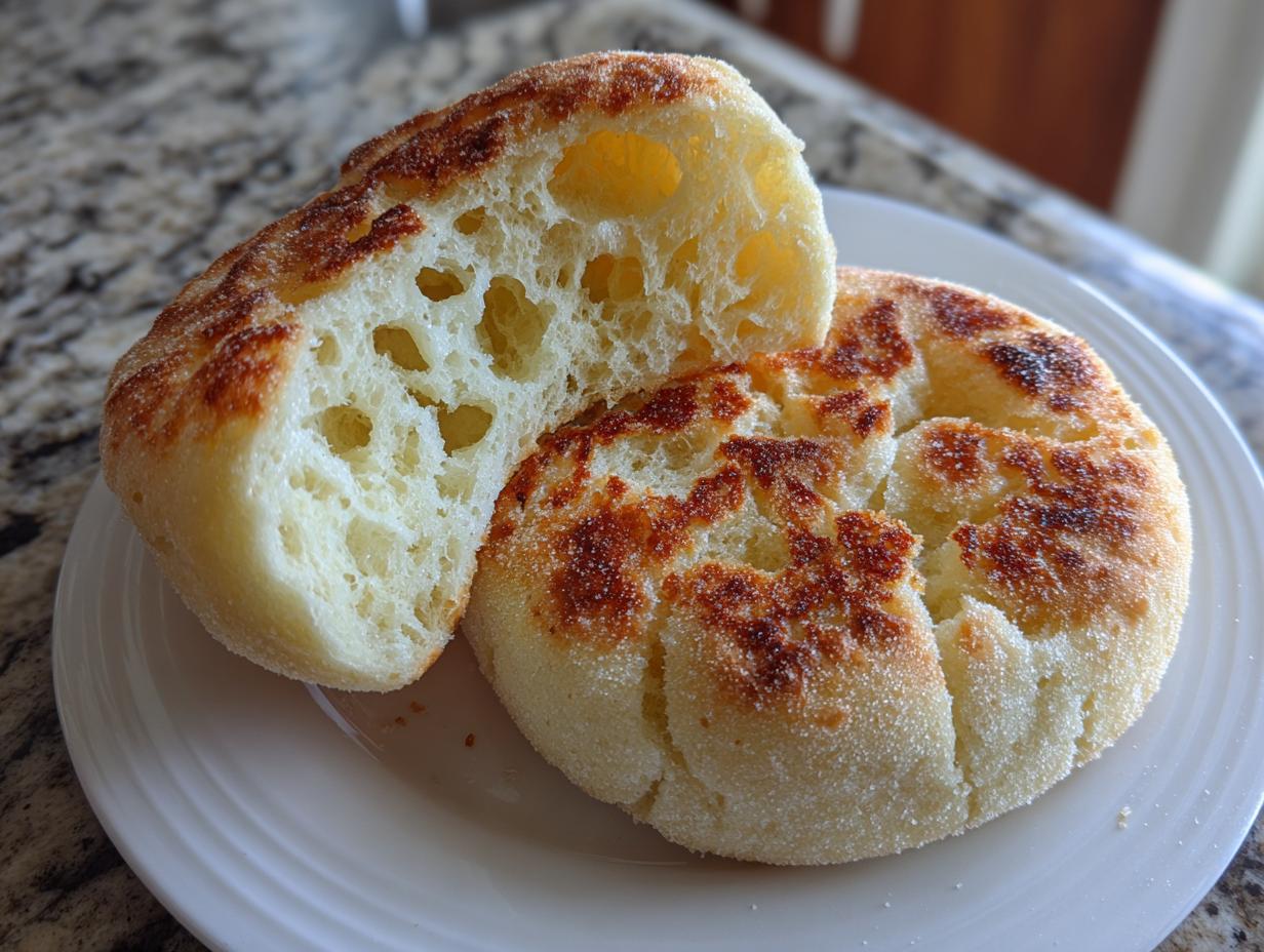 Close-up of two homemade English muffins on a white plate, one sliced open revealing the signature open, airy crumb structure.