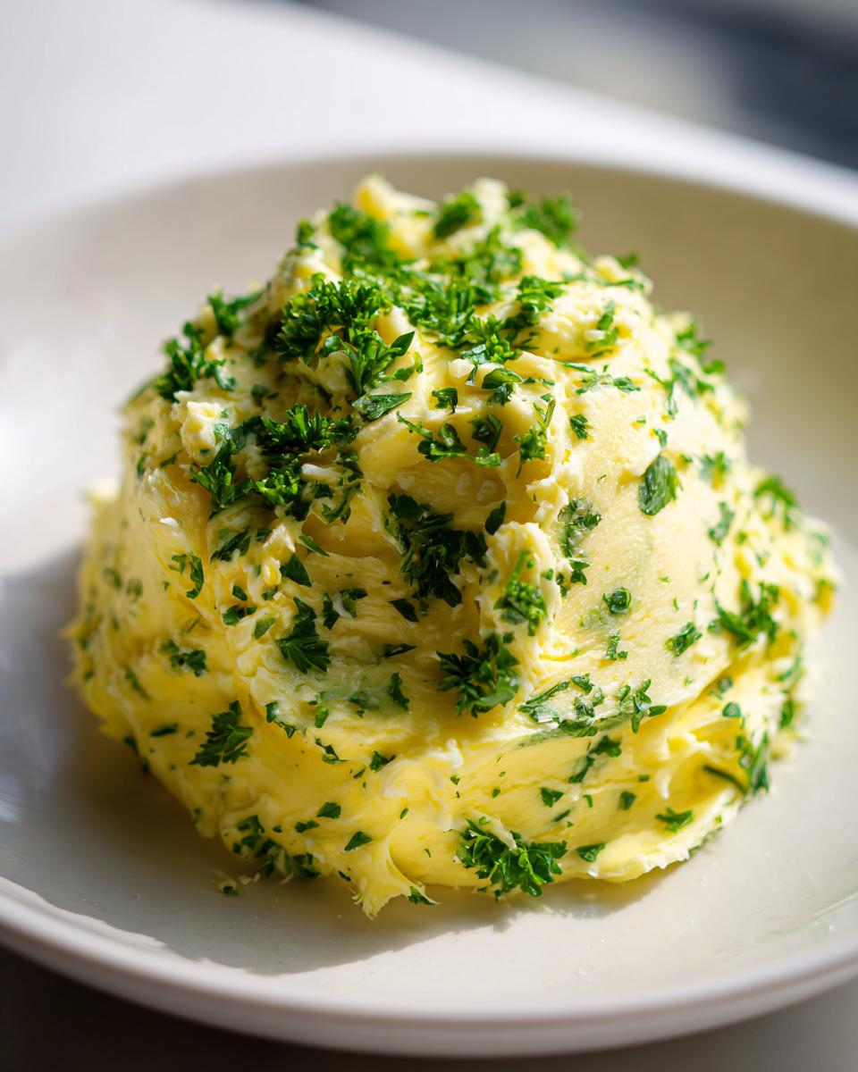 A mound of bright yellow homemade garlic butter mixed with chopped green herbs, likely parsley, served on a light plate.