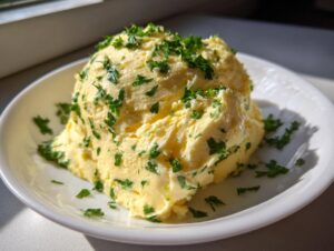 A generous mound of homemade garlic butter mixed with fresh parsley, served on a white plate.