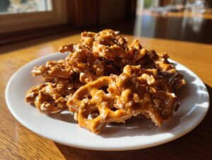 A pile of shiny, caramel-coated toffee pretzels stacked on a white plate, highlighted by natural sunlight.