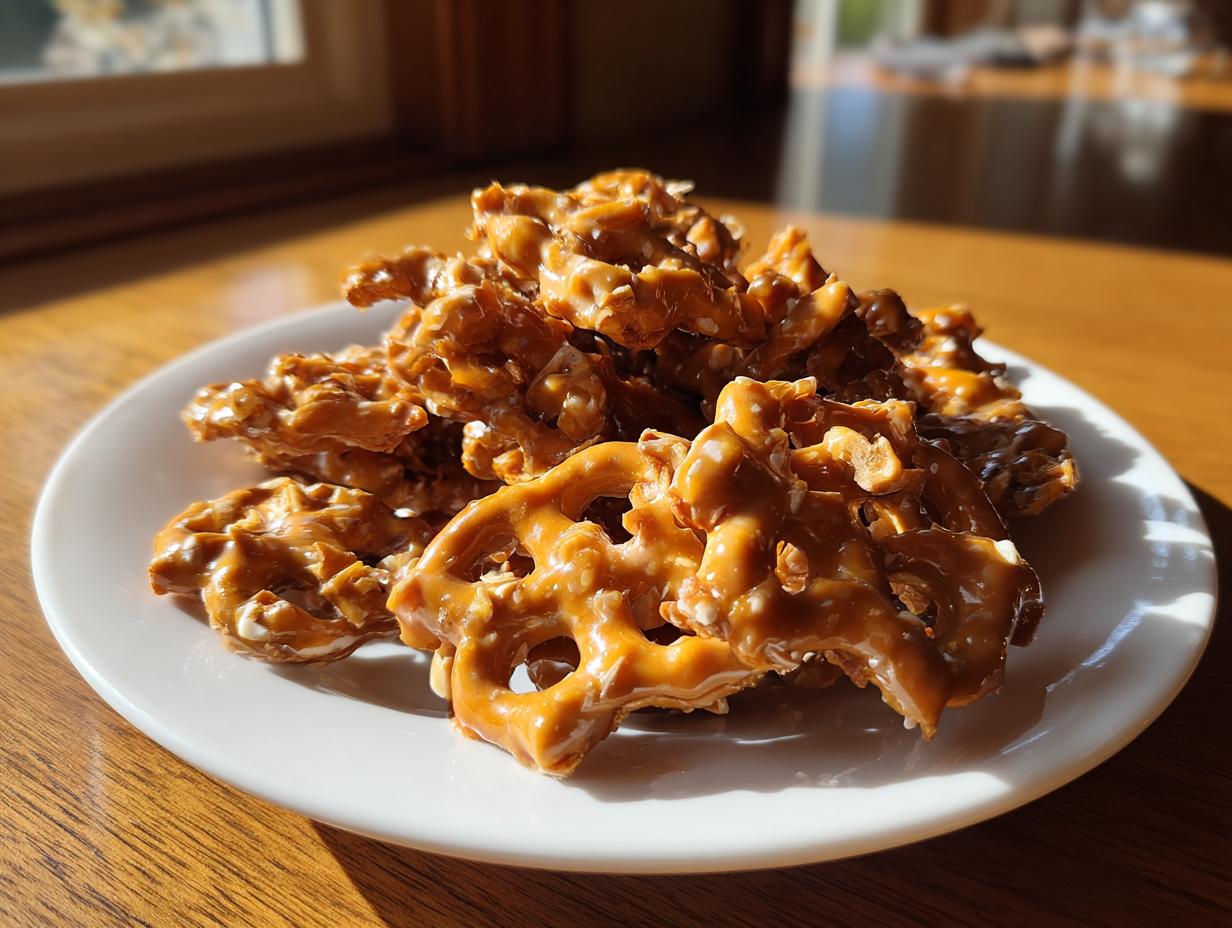 A pile of shiny, caramel-coated toffee pretzels stacked on a white plate, highlighted by natural sunlight.