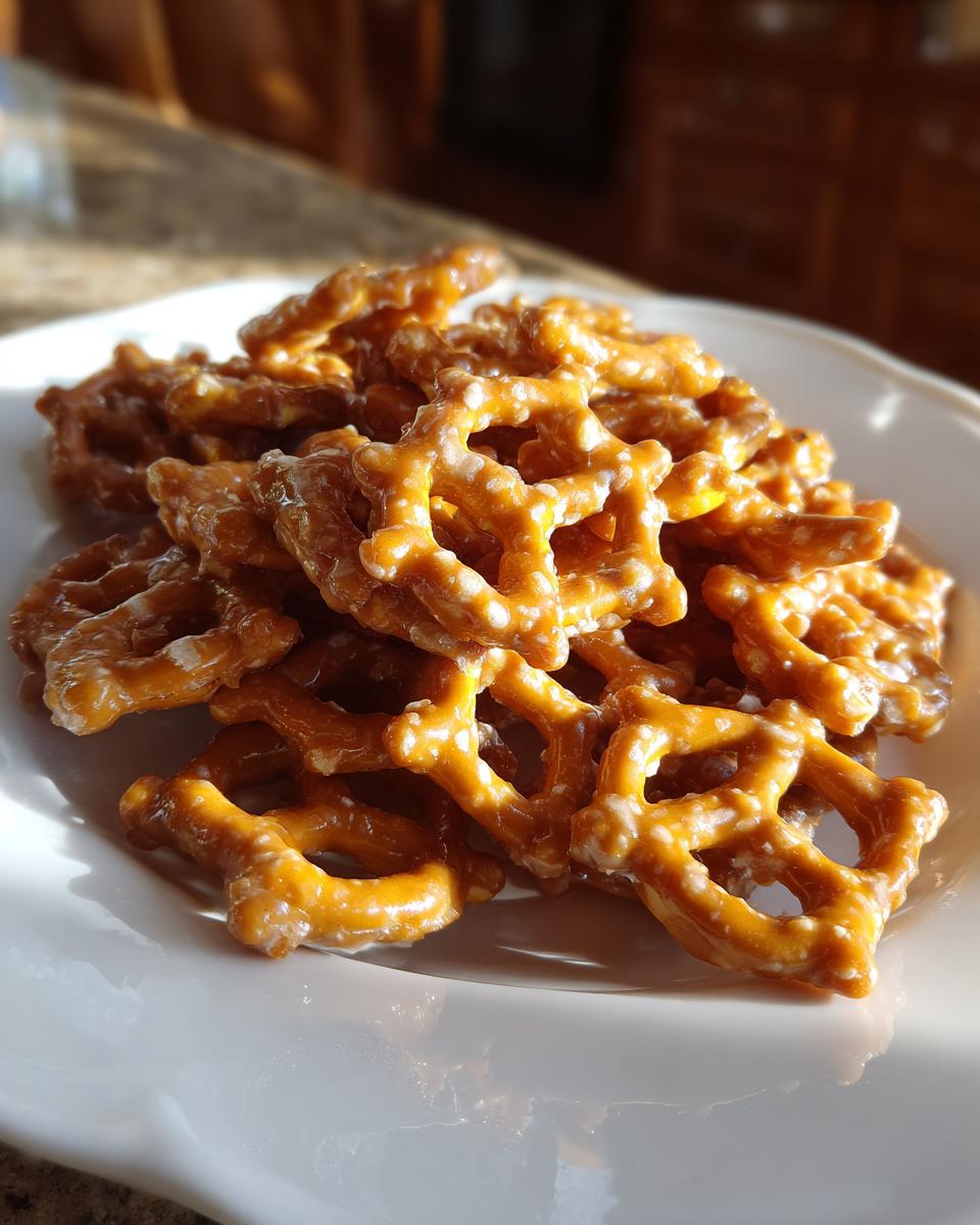 A close-up of a pile of crunchy, glazed toffee pretzels resting on a bright white plate.