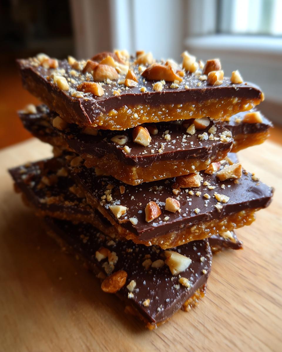 Stack of five pieces of homemade toffee recipe, featuring a hard caramel base, chocolate topping, and chopped nuts.