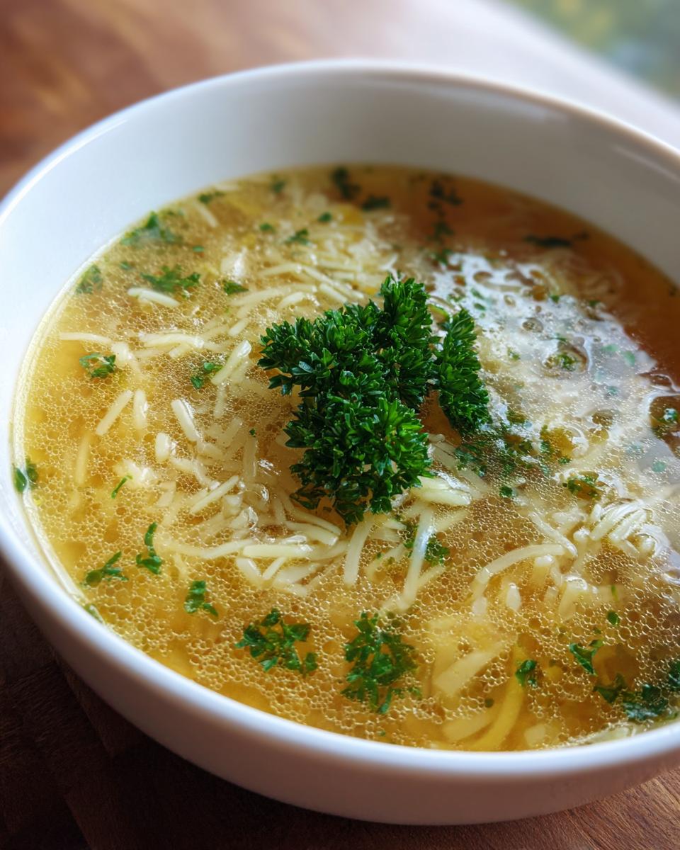A close-up of a white bowl filled with hot pastina soup, garnished with fresh parsley.