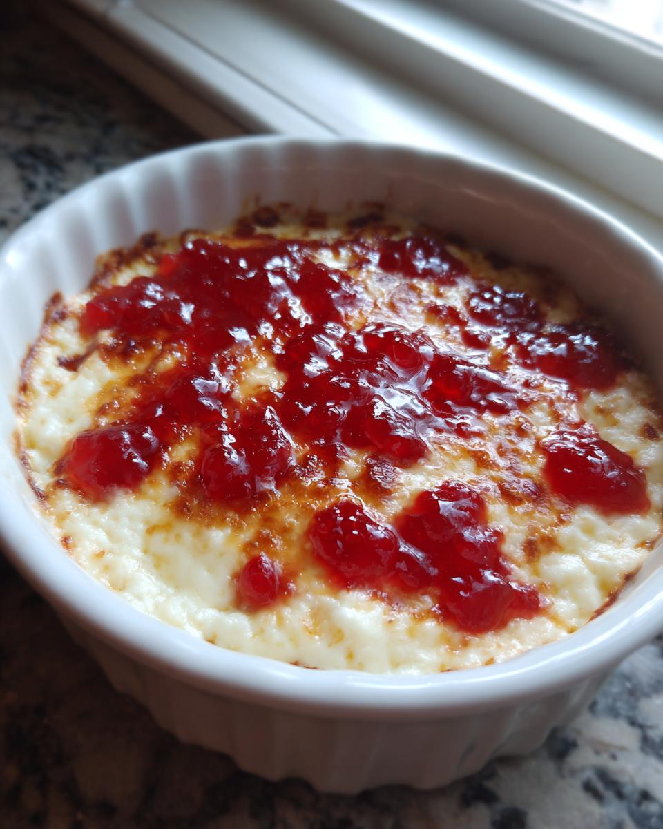 Close-up of baked pepper jelly cheese dip, featuring melted white cheese topped with bright red pepper jelly.