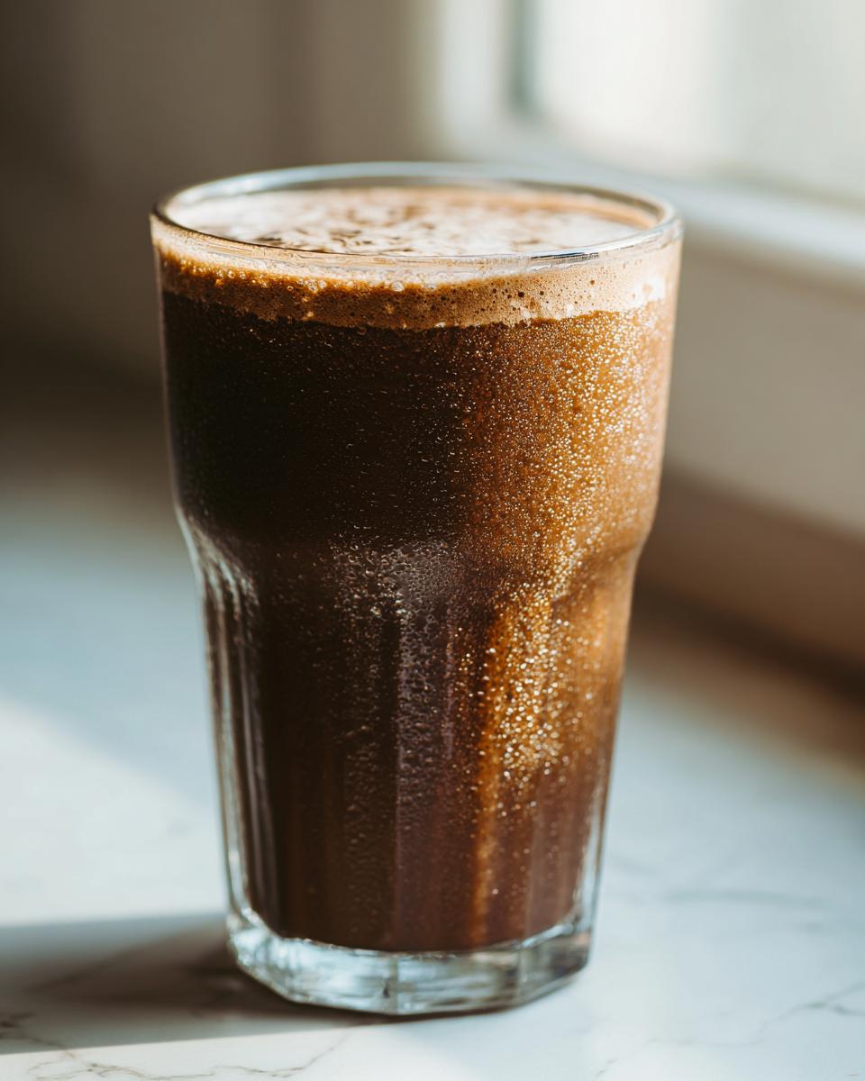 A tall glass filled with a dark, blended Coffee Smoothie, showing condensation droplets on the outside.