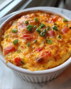 Close-up of a small, baked portion of cheesy rotel dip topped with fresh green chives.
