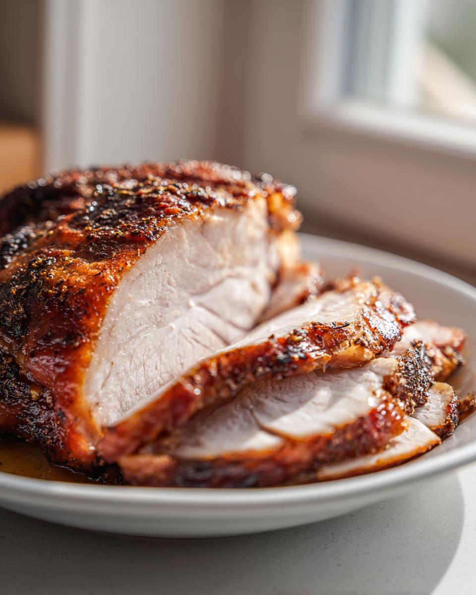 Close-up of sliced, seasoned instant pot turkey breast on a white plate, showing moist white meat.