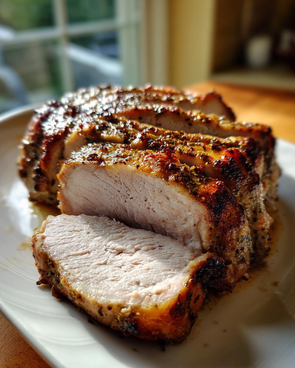 Close-up of perfectly cooked, sliced instant pot turkey breast showing a moist interior and seasoned, browned exterior.