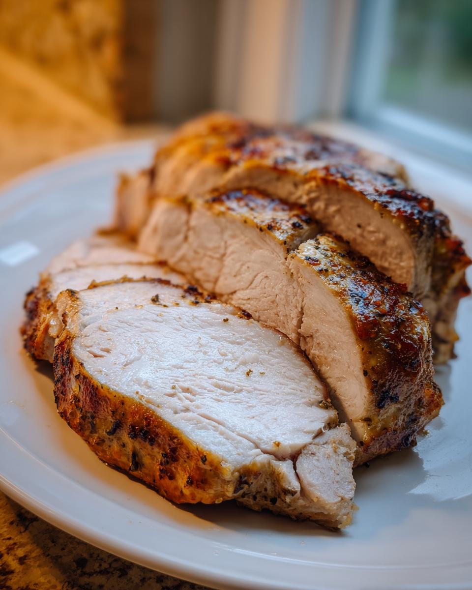 Close-up of perfectly cooked, sliced instant pot turkey breast with a browned, seasoned exterior.