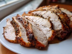 Close-up of perfectly cooked, sliced instant pot turkey breast with a seasoned, browned crust.