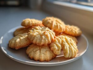 A close-up of several golden-brown Italian butter cookies piled high on a white plate, catching the sunlight.