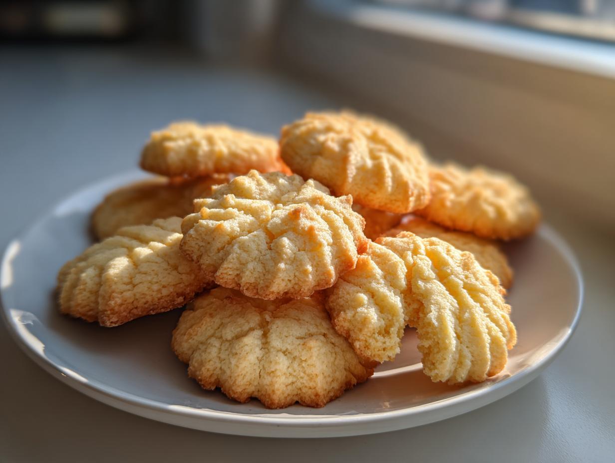 A close-up of several golden-brown Italian butter cookies piled high on a white plate, catching the sunlight.