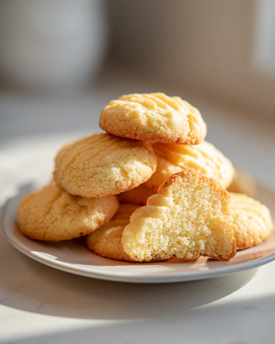 A stack of golden Italian butter cookies on a white plate, one cookie is broken open showing the crumb texture.