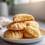 A stack of golden brown italian butter cookies on a small white plate, one cookie is broken to show the soft interior.