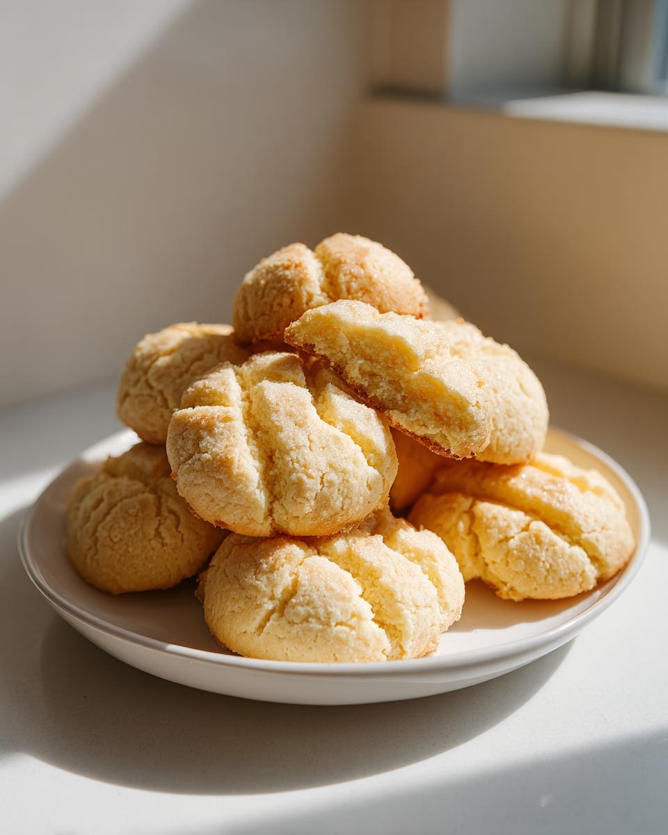 A stack of golden, slightly cracked Italian butter cookies dusted with sugar on a white plate, illuminated by sunlight.