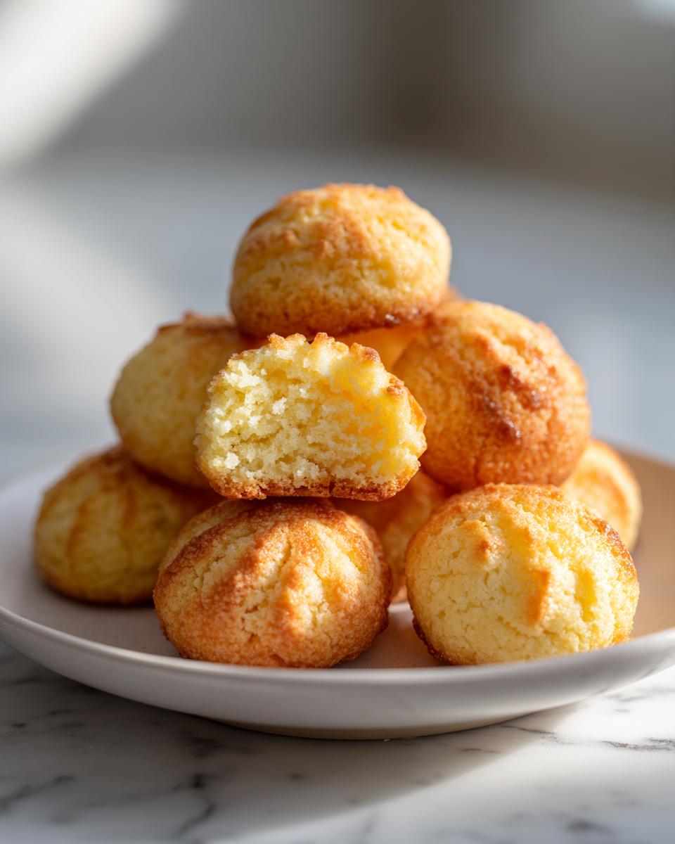 A stack of golden brown Italian butter cookies on a white plate, one cookie broken open to show the soft interior.