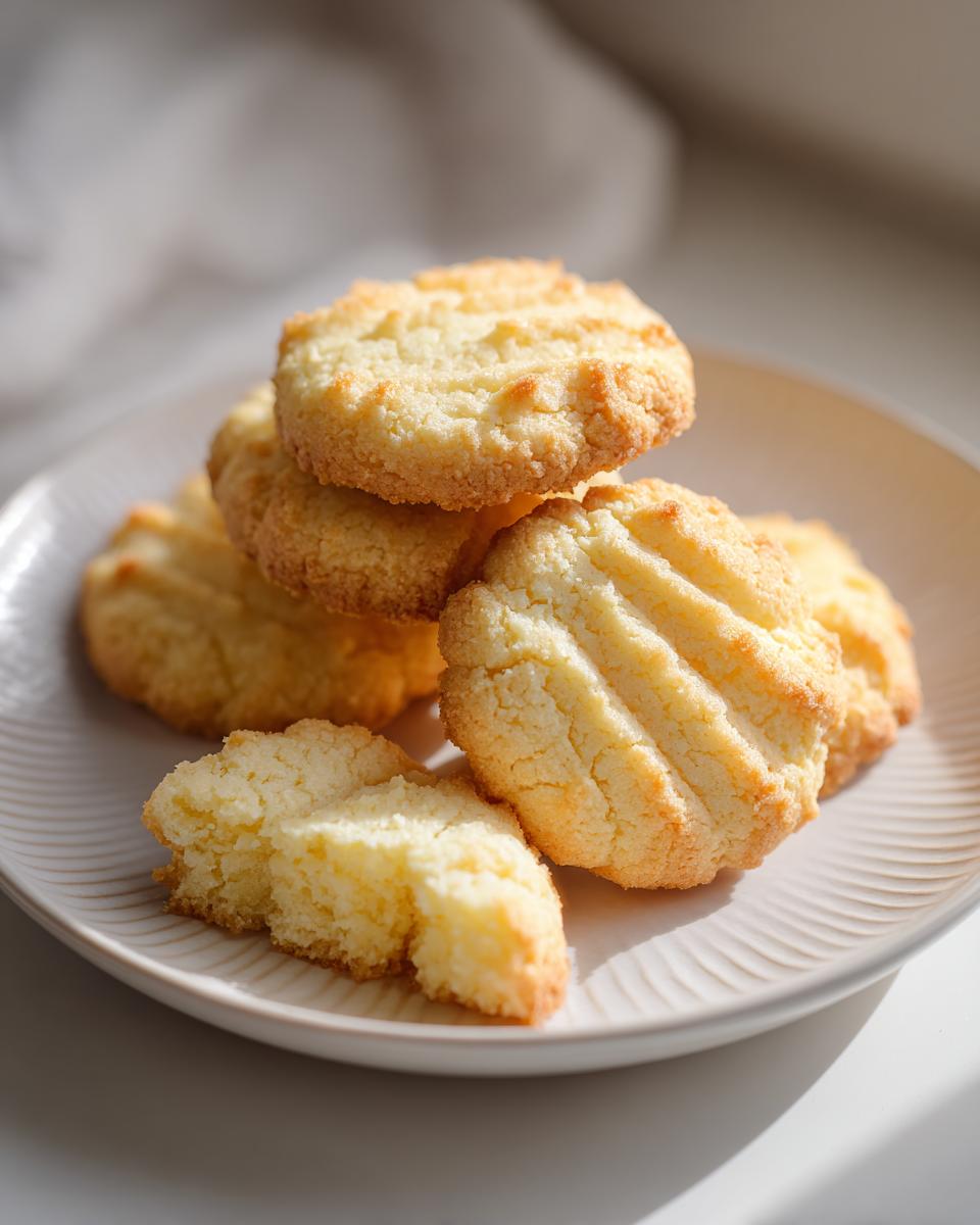 A stack of golden, textured Italian butter cookies on a light plate, with one cookie broken open.