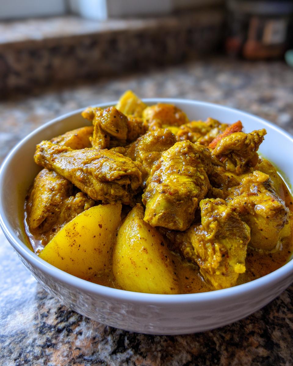 Close-up of tender chicken pieces and potatoes coated in vibrant yellow sauce in a bowl of Jamaican curry chicken.