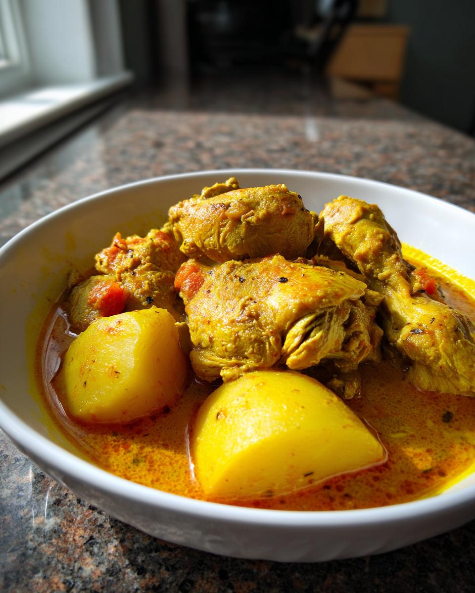Close-up of vibrant yellow Jamaican curry chicken pieces and large potato chunks in a rich sauce.