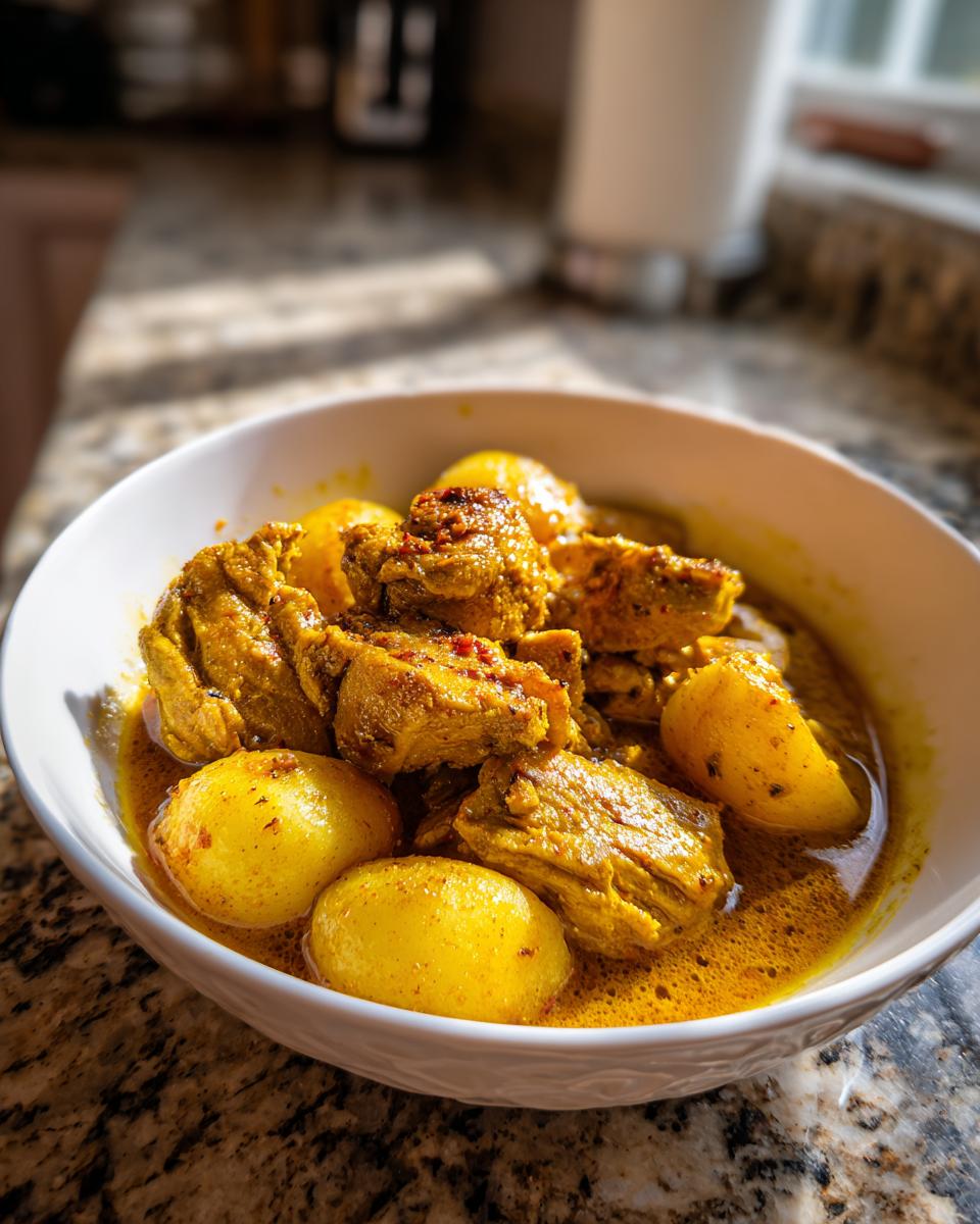 A close-up of a white bowl filled with rich, yellow Jamaican curry chicken pieces and small potatoes in sauce.
