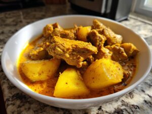 A close-up of rich, yellow Jamaican curry chicken mixed with tender potatoes served in a white bowl.