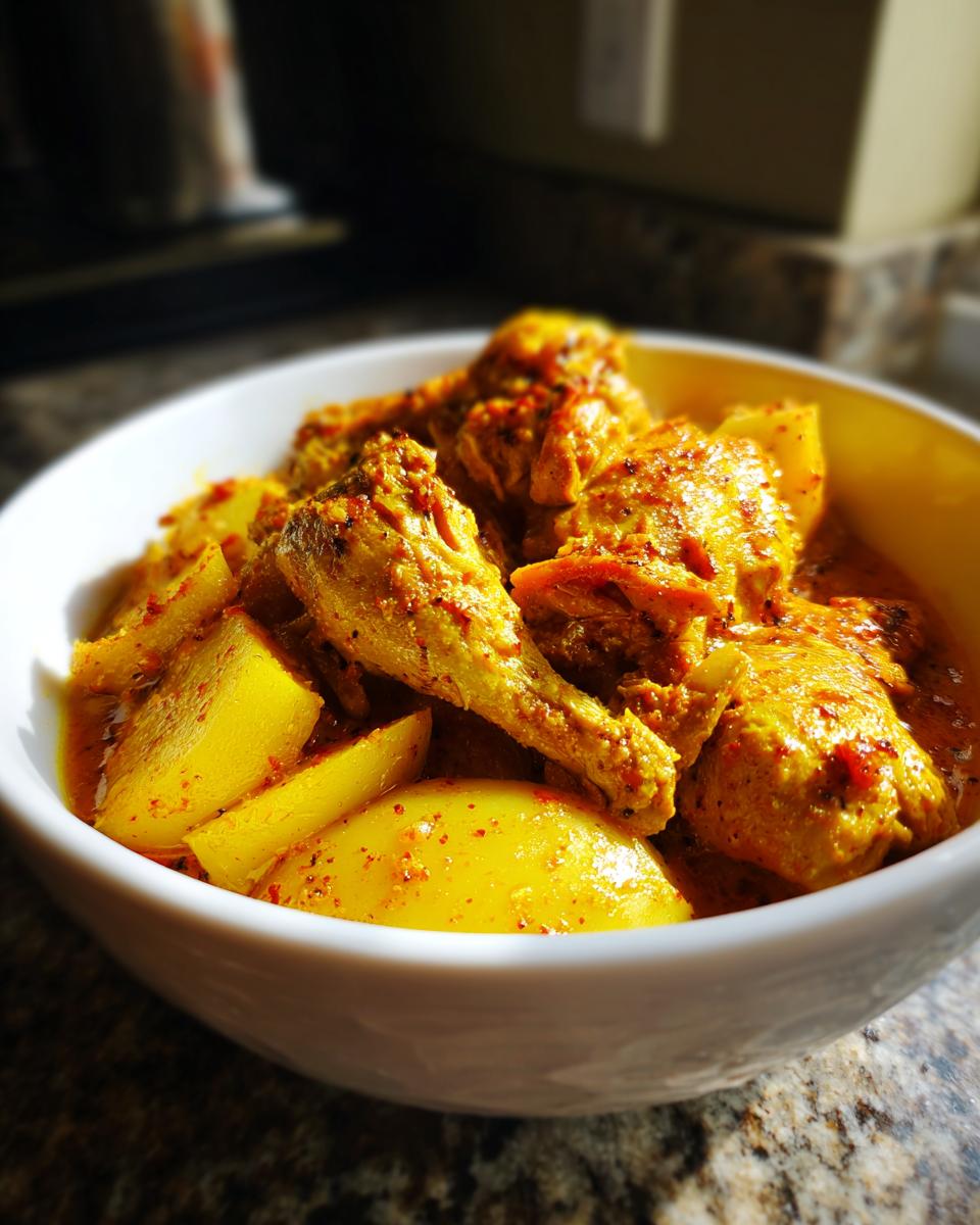 Close-up of tender chicken pieces and potatoes in a rich, yellow sauce, representing Jamaican curry chicken.