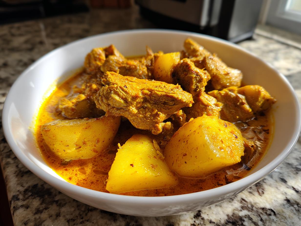A close-up of rich, yellow Jamaican curry chicken mixed with tender potatoes served in a white bowl.