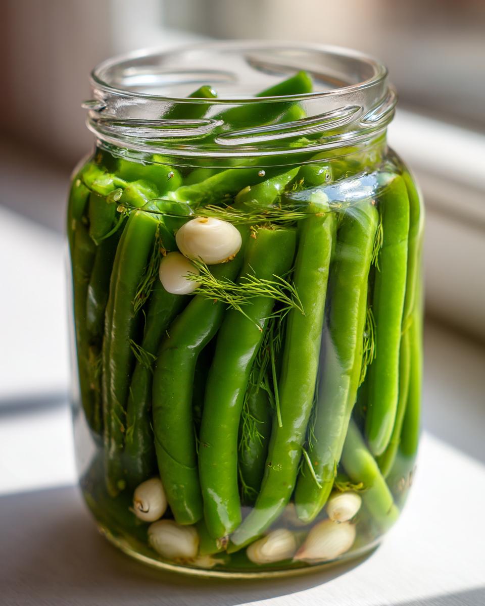 Close-up of a glass jar packed tightly with bright green dilly beans, garlic cloves, and fresh dill fronds.