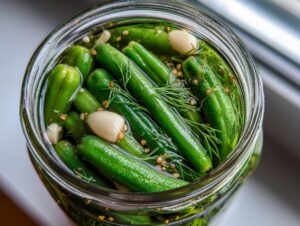 Overhead view of fresh green dilly beans packed tightly in a glass jar with dill sprigs and garlic cloves for making dilly beans.